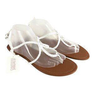 SandalUp Womens Thong Sandals Braided Faux Leather Ankle Strap White Size 11